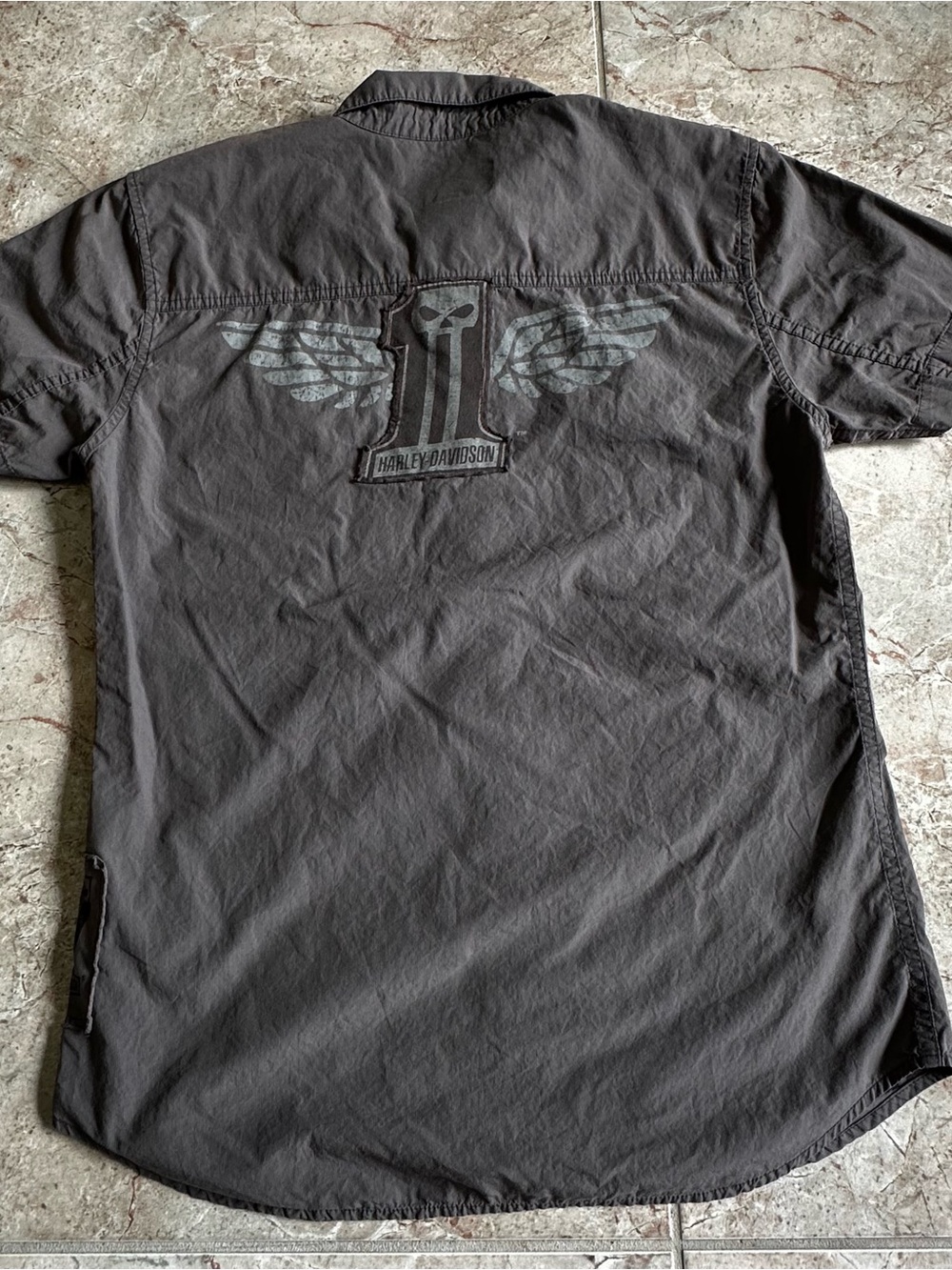2011 Harley-Davidson short sleeve button-up in a washed gray/brown tone